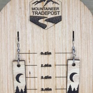 Crescent Moon and Forest Tree Dangle Earrings – Engraved Wooden Jewelry