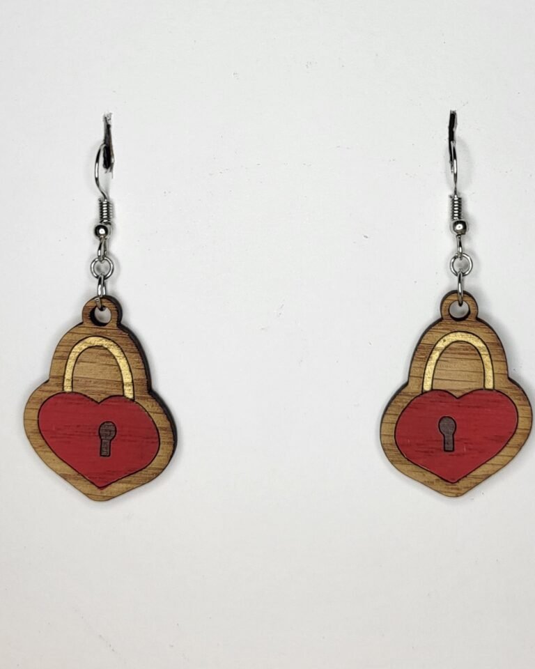 Heart-Shaped Red Padlock Dangle Earrings with Gold Trim – Hand-Painted Jewelry