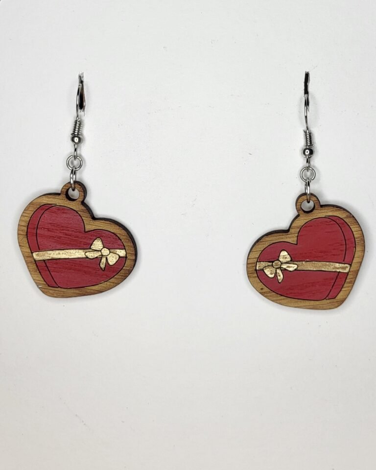 Heart Box Wrapped in Ribbon Dangle Earrings – Hand-Painted Wooden Jewelry
