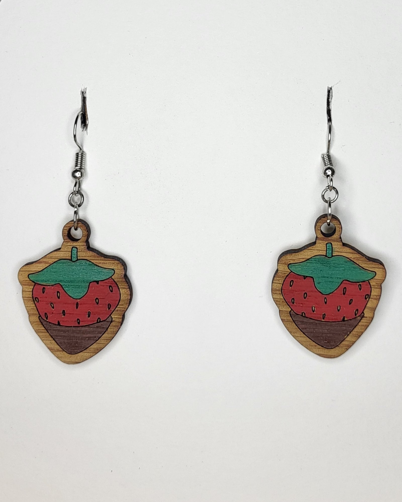Hand-Painted Candy Dipped Strawberry Dangle Earrings – Unique Wooden Jewelry - Image 2