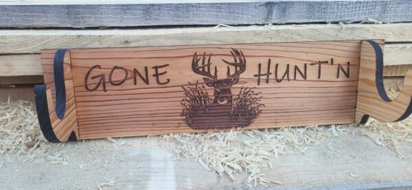 Cedar Wood Gun Rack – Engraved with Deer Design and "GONE HUNT'N"