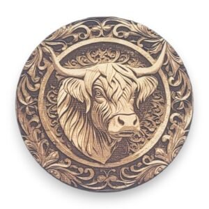 Rustic Highland Cow Ornament with Intricate Engraved Detail - Country Life Symbols