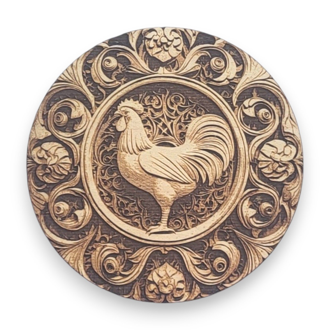 Rustic Chicken Wood Ornament with Intricate Engraving - Country Life Symbols