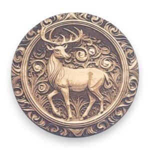 Rustic Deer Wood Ornament with Intricate Inlay Detail - Country Life Symbols