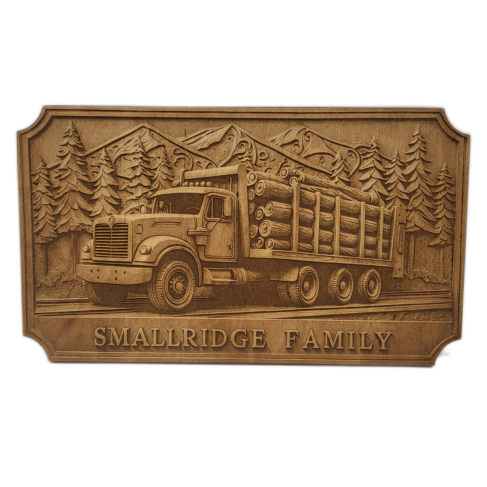 Custom Logging Truck Family Plaque – Personalized Mountain Scene with Family Name